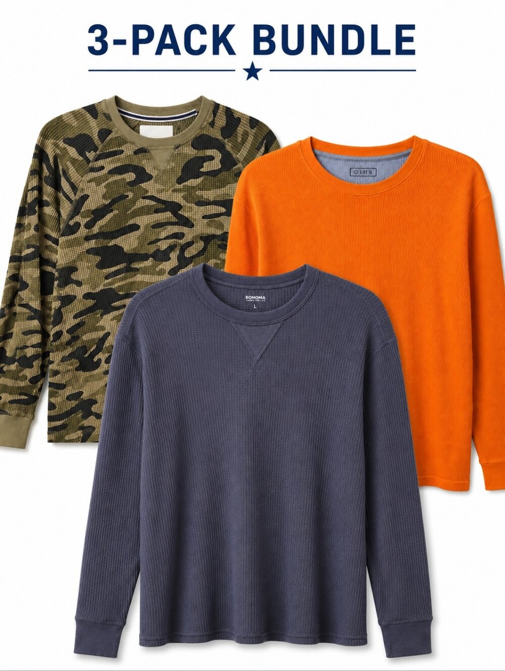 3-Pack Large Thermal Long-Sleeve Crewneck Bundle - Camouflage, Orange, Charcoal
